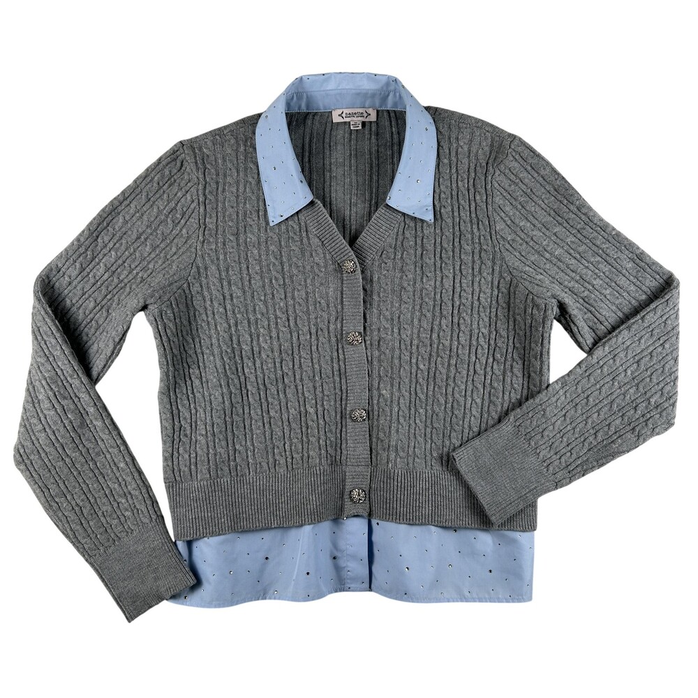 Nanette Nanette Lepore Cardigan Sweater Womens Medium Gray Collared Rhinestone